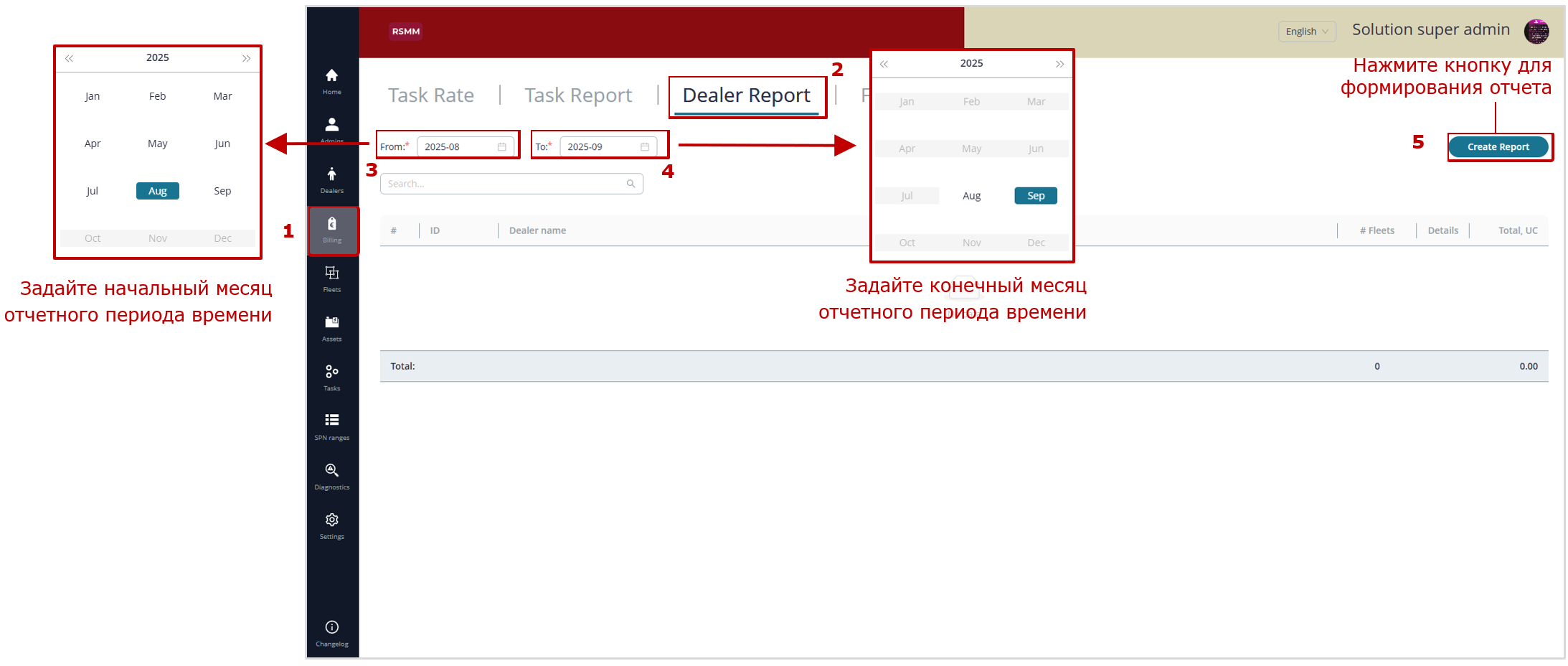 Пример формирования биллингового отчета по Дилерам с детализацией до Задач конкретного Объекта