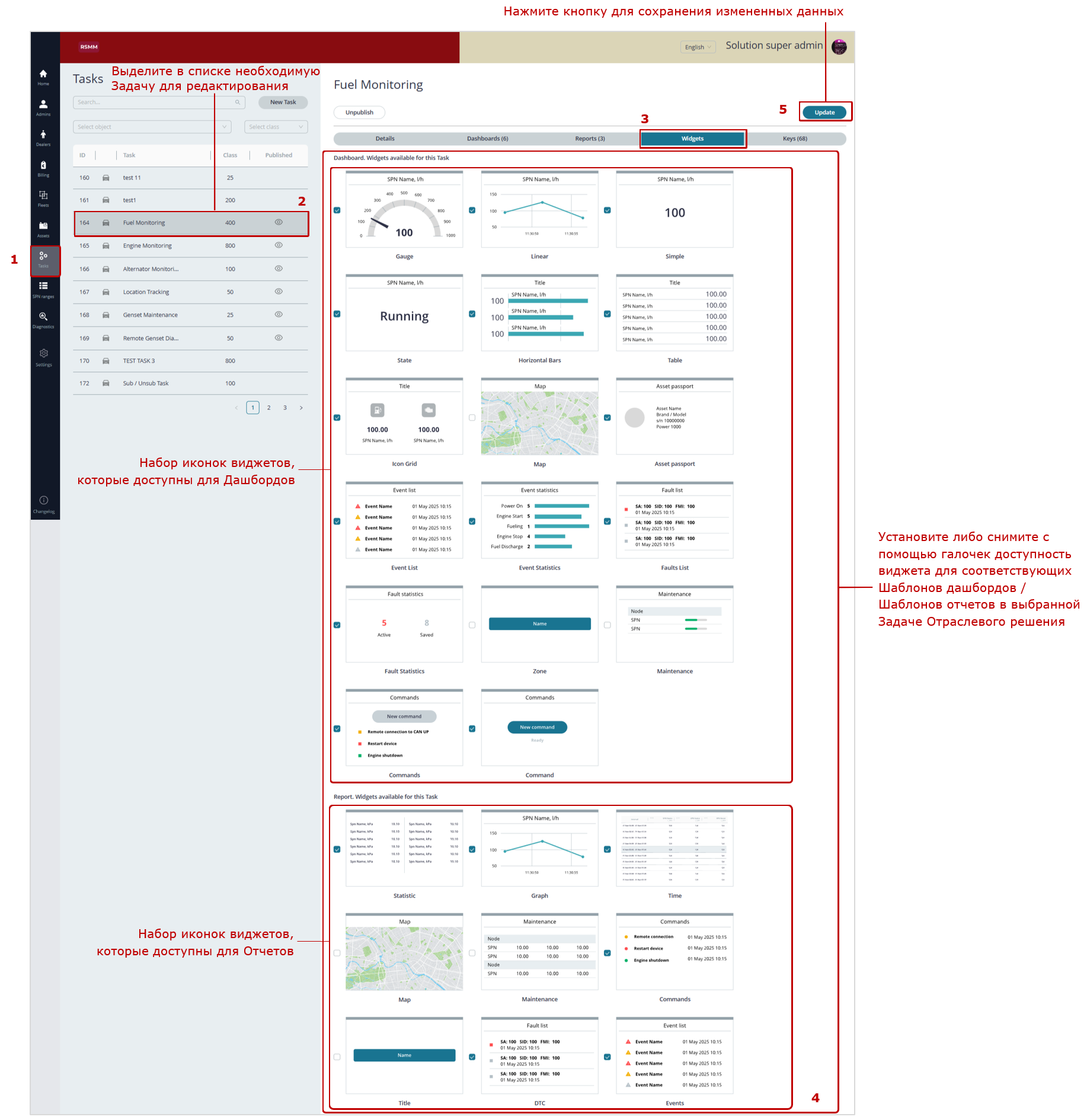 Пример деактивации/активации виджетов в Шаблонах дашбордов и Шаблонах отчетов для выбранной Задачи Отраслевого решения