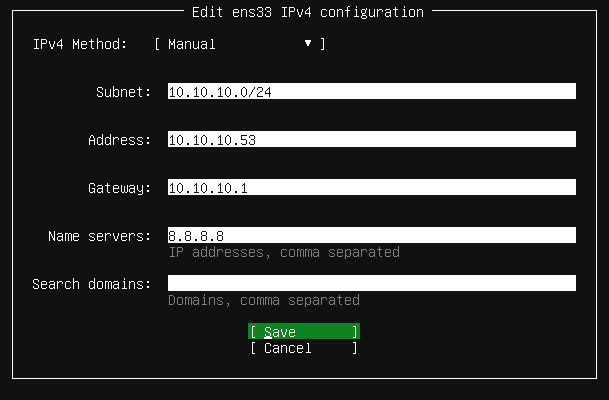 На этапе настройки параметров сети выберите статический IP-адрес вместо получения по DHCP и нажмите Save для сохранения изменений