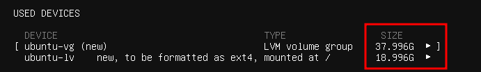Следует обратить внимание, что по умолчанию мастер установки использует не все доступное пространство логического тома LVM