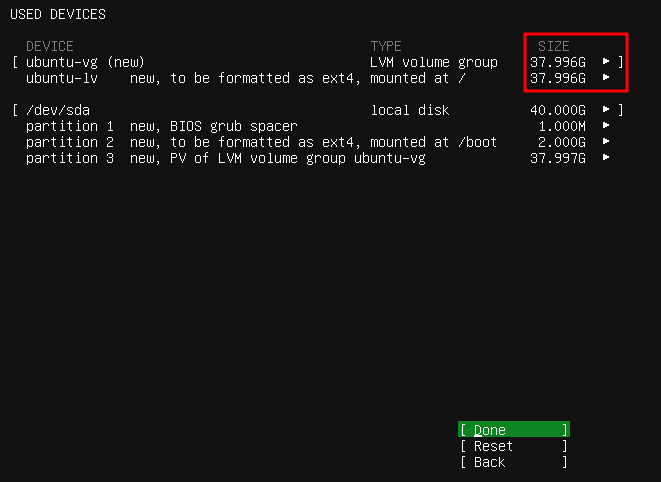 После внесения изменений логический том LVM будет использовать все доступное дисковое пространство (в примере показана разметка для диска 40 ГБ). Нажмите Done для подтверждения действий. 