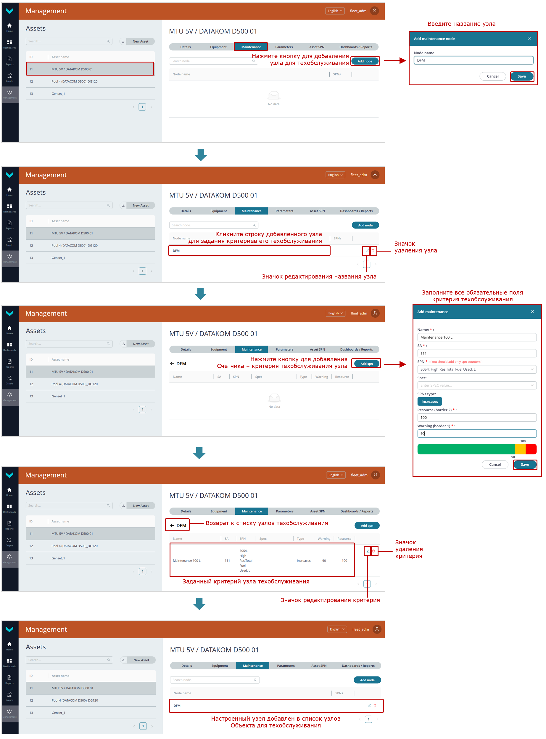 Пример добавления/редактирования узлов техобслуживания Объекта