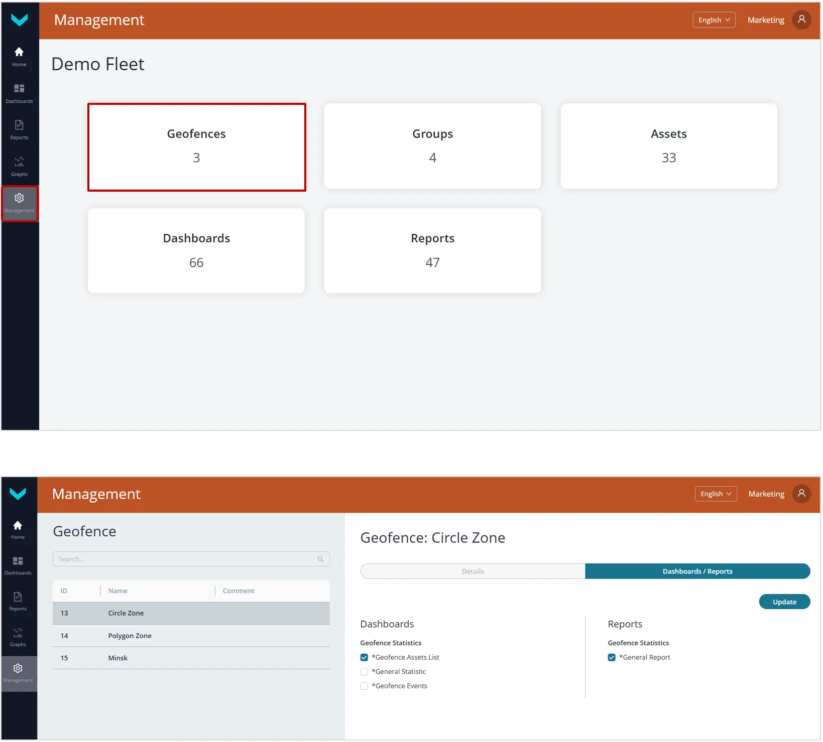 Пример установления/снятия привязки Геозоны к Шаблонам дашбордов / Шаблонам отчетов